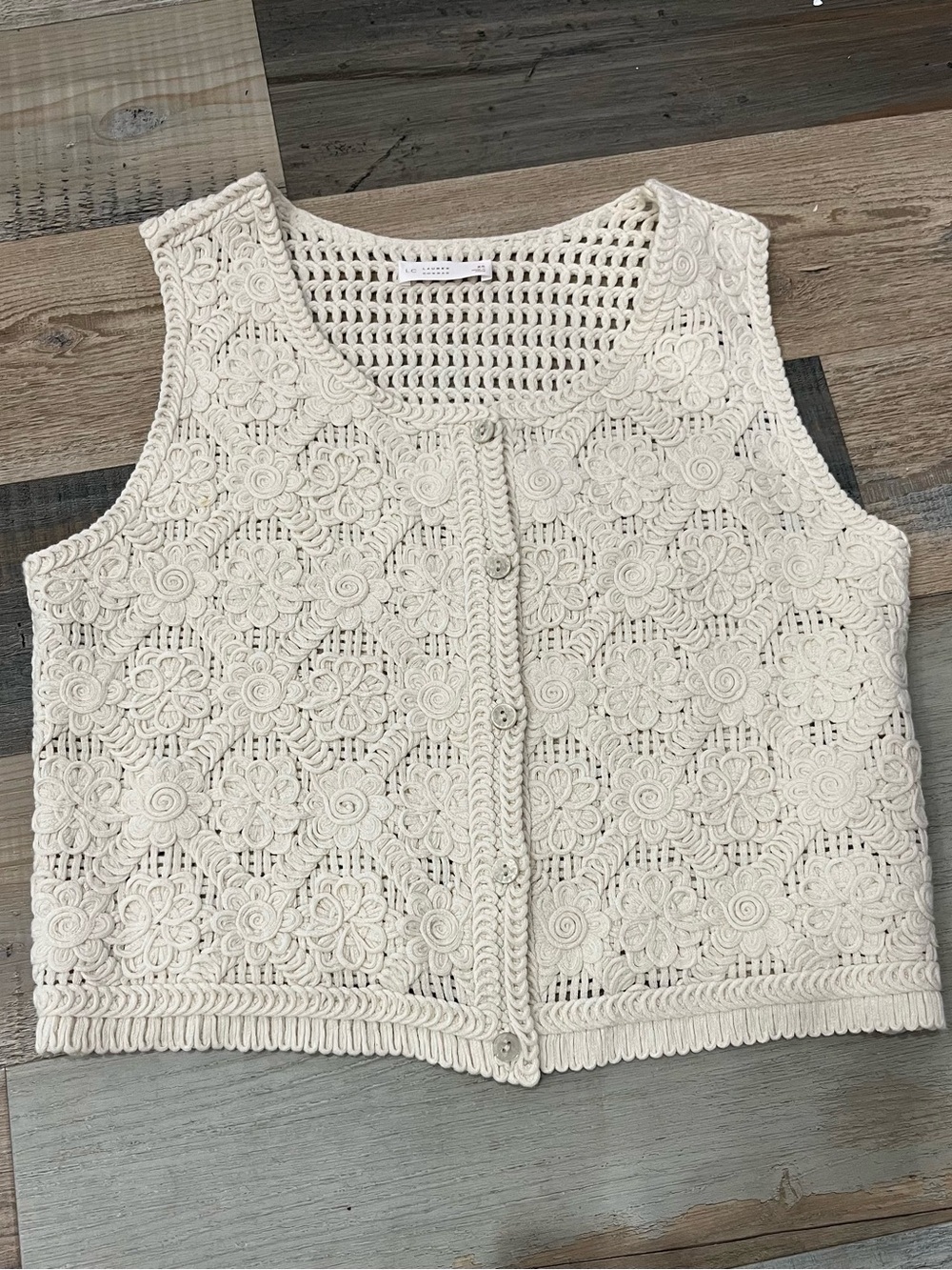 LC Lauren Conrad Cream Crochet Button Down -Knit Vest Sz XS Boho Hippie